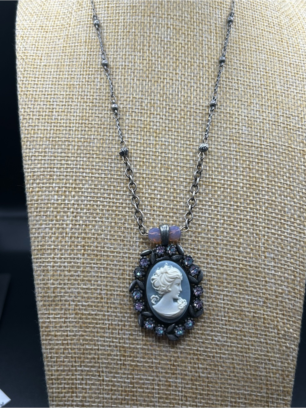 Cameo blue Pendant Necklace with Purple Accents Set W/earrings -Orna Collection